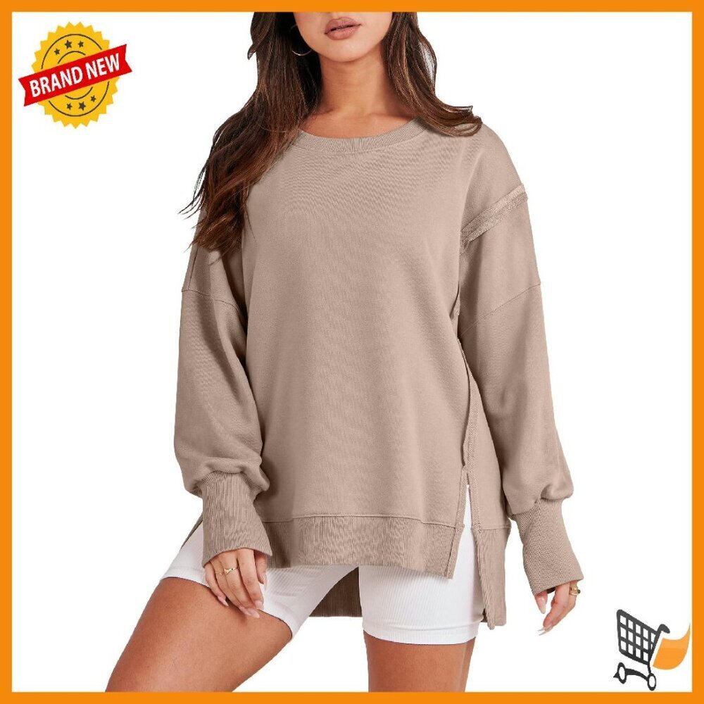 Oversized Crew Neck Sweatshirt Long Sleeve Slit Side Loose Fit
